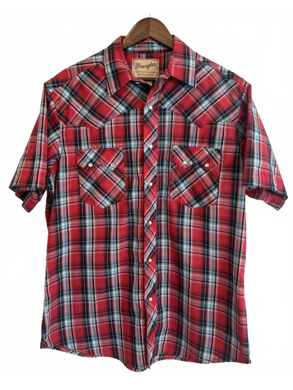 Wrangler Western Fashion Snap Shirt Mens Large Red Plaid Short Sleeve Pearl Snap